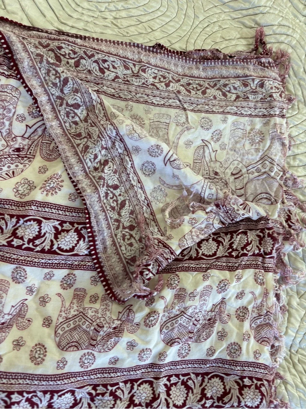 Elephant Print Anthropologie Fringed Wrap Scarf in Cream and Burgundy
